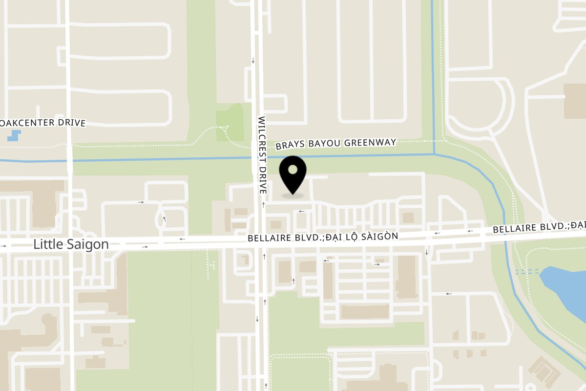 Map showing the location of Quan Yin Vegan Restaurant on 10804 Bellaire Blvd Suite E in Houston